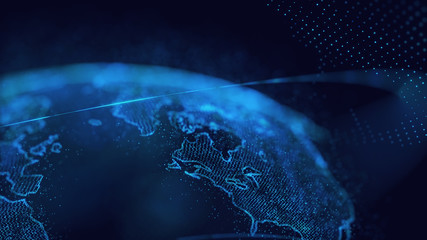 global communication technology and telecommunication financial network around planet earth. blue to