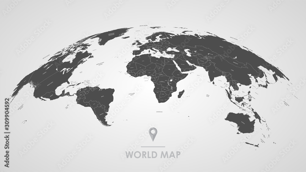Detailed global world map, with borders and names of countries, seas and oceans, vector illustration - obrazy, fototapety, plakaty 