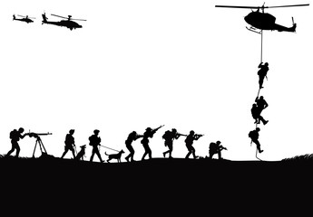 Canvas Print - Military vector illustration, Army background, soldiers silhouettes.	