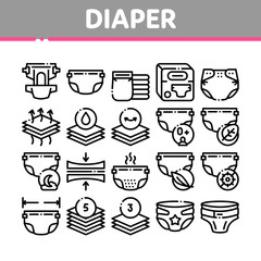 Aufkleber - Diaper For Newborn Collection Icons Set Vector Thin Line. Diaper For Kids With Drop Of Liquid And Leaf, Multilayer And Comfortable Concept Linear Pictograms. Monochrome Contour Illustrations