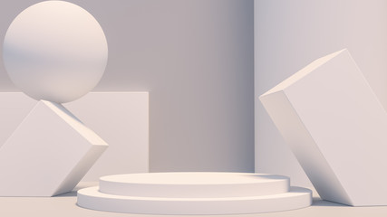 Fototapete - Product setting podium white abstract minimalistic geometry, minimal light interior, object placement, abstract gray background room, 3d rendering,