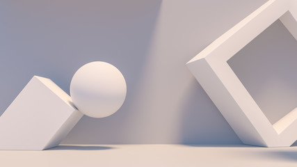 Fototapete - Product setting podium white abstract minimalistic geometry, minimal light interior, object placement, abstract gray background room, 3d rendering,