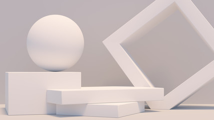 Fototapete - Product setting podium white abstract minimalistic geometry, minimal light interior, object placement, abstract gray background room, 3d rendering,