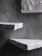 Aufkleber - Product setting podium rough stone slabs, marble counter concrete wall and stone shelves, grunge texture blocks object placement, 3d rendering,