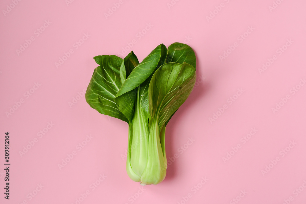 fresh green Chinese cabbage, bok choy, pok choi or pak choi on pink background - obrazy, fototapety, plakaty 