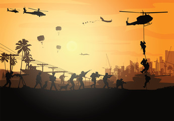 Wall Mural - Military vector illustration, Army background, soldiers silhouettes.	