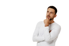 Portrait Of Doubtful Bearded Man In Casual White Shirt Asking Questions Isolated On White Background. Copy Space