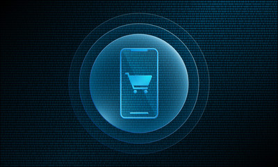 Poster - phone shopping cart in digital sphere with pulse effect technology