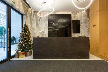 Wall Mural - Interior of a hotel reception with Christmas tree