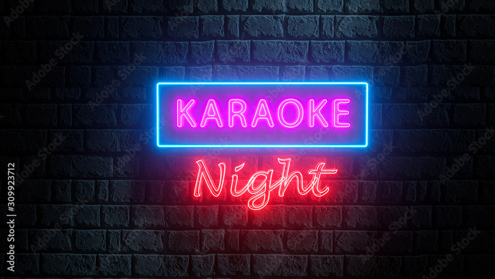 Brick wall at night with neon sign karaoke night. Advertising bright night karaoke bar, party, disco bar, night club, live music show. Live music - obrazy, fototapety, plakaty 