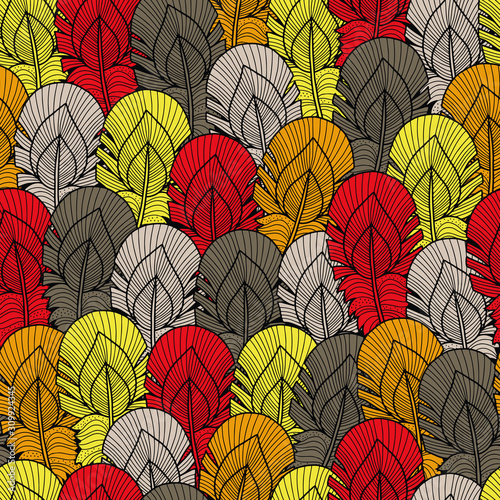 Fotomural Vector feather pattern in grey, yellow, red, white