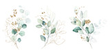 Fototapeta  - Watercolor floral illustration set - green & gold leaf branches collection, for wedding stationary, greetings, wallpapers, fashion, background. Eucalyptus, olive, green leaves, etc.