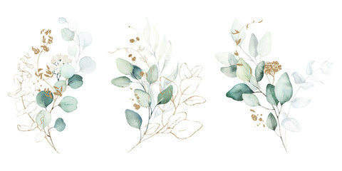 Wall Mural - Watercolor floral illustration set - green & gold leaf branches collection, for wedding stationary, greetings, wallpapers, fashion, background. Eucalyptus, olive, green leaves, etc.