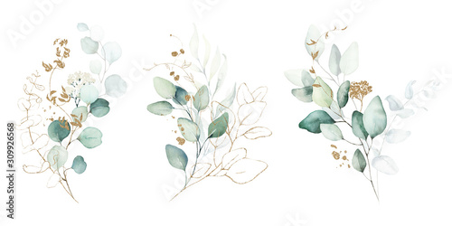 Fotografía Watercolor floral illustration set - green & gold leaf branches collection, for wedding stationary, greetings, wallpapers, fashion, background
