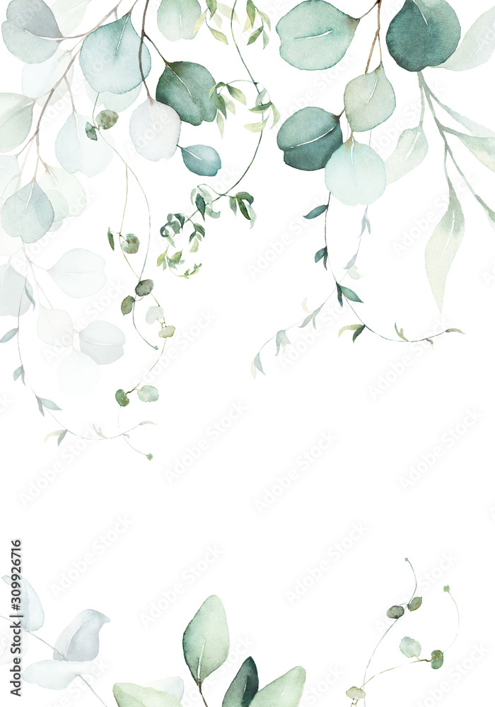 Watercolor floral illustration with green branches & leaves - frame / border, for wedding stationary, greetings, wallpapers, fashion, background. Eucalyptus, olive, green leaves, etc. - obrazy, fototapety, plakaty 