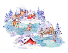 Vintage Watercolor Set Of Winter People Sledding, Ice Skating On A Rink. Snow Outdoor Activities