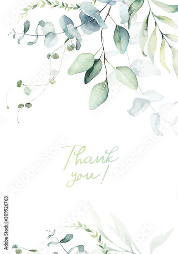 Cuadros en Lienzo Watercolor floral illustration with green branches & leaves - frame / border, for wedding stationary, greetings, wallpapers, fashion, background