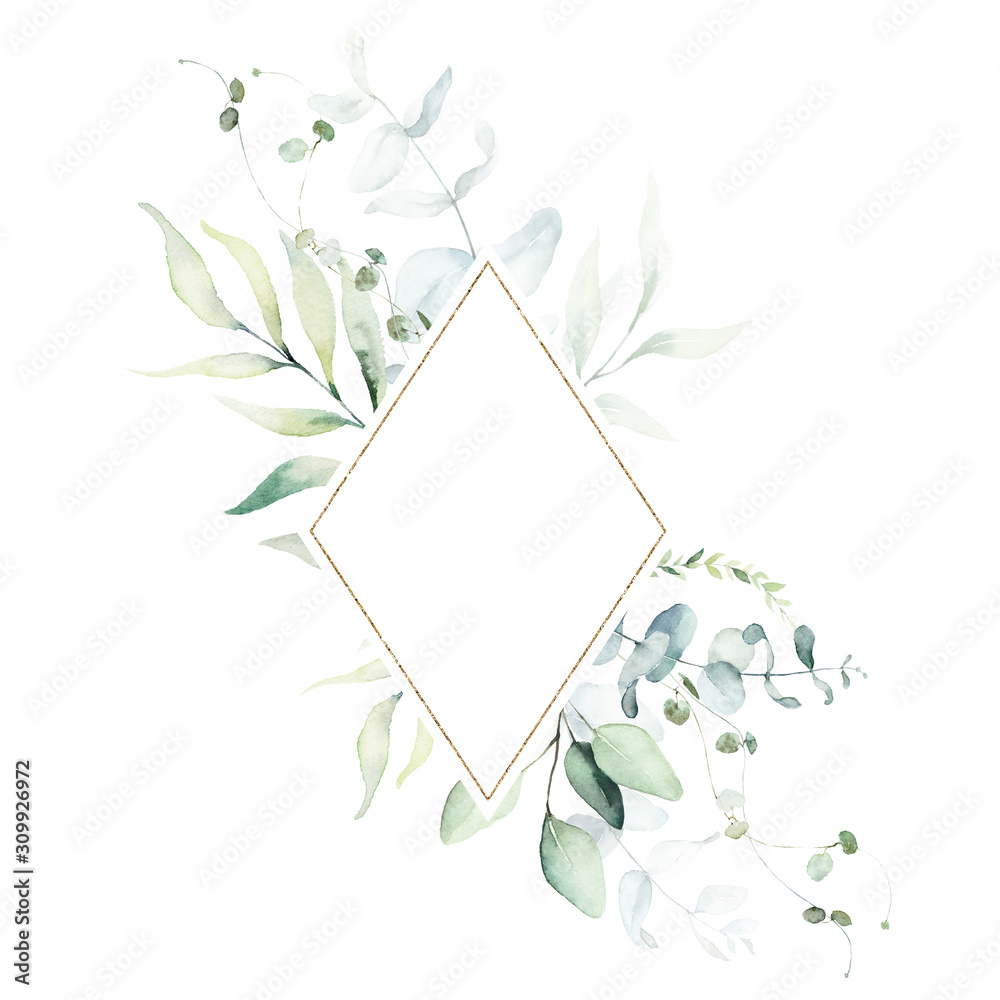 Watercolor floral illustration - leaves and branches wreath / frame ...