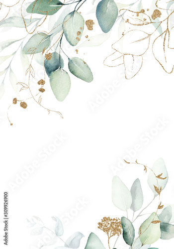 Dekoracja na wymiar  akwarela-ilustracja-kwiatowy-ze-zlotymi-galazkami-zielony-lisc-ramki-obramowanie-na-slub