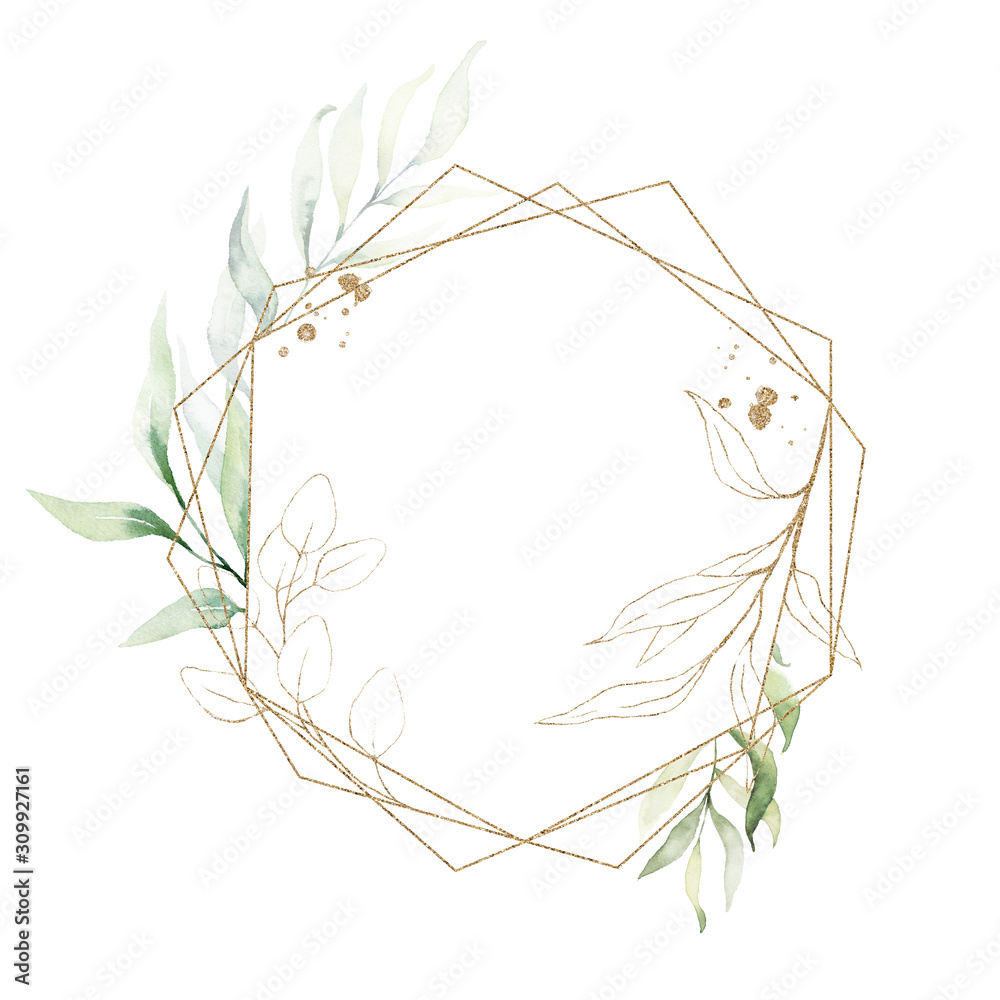 Watercolor floral illustration - leaves and branches wreath / frame ...