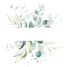 Watercolor Floral Illustration - Leaf Frame / Border, For Wedding Stationary, Greetings, Wallpapers, Fashion, Background. Eucalyptus, Olive, Green Leaves, Etc.