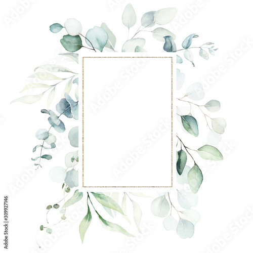 Fotomural Watercolor floral illustration - leaves and branches wreath / frame with gold geometric shape, for wedding stationary, greetings, wallpapers, fashion, background