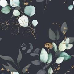Wall Mural - Seamless watercolor floral pattern - green & gold leaves, branches composition on black background, perfect for wrappers, wallpapers, postcards, greeting cards, wedding invitations, romantic events.