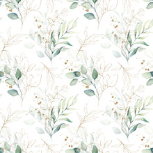 Seamless Watercolor Floral Pattern - Green & Gold Leaves, Branches Composition On White Background, Perfect For Wrappers, Wallpapers, Postcards, Greeting Cards, Wedding Invitations, Romantic Events.