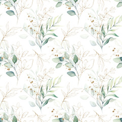 Wall Mural - Seamless watercolor floral pattern - green & gold leaves, branches composition on white background, perfect for wrappers, wallpapers, postcards, greeting cards, wedding invitations, romantic events.