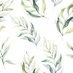 Wall Mural - Seamless watercolor floral pattern - green leaves and branches composition on white background, perfect for wrappers, wallpapers, postcards, greeting cards, wedding invitations, romantic events.