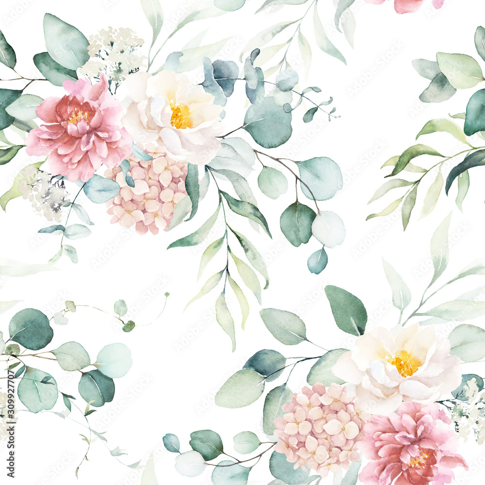 Seamless watercolor floral pattern with pink & peach cream flowers ...