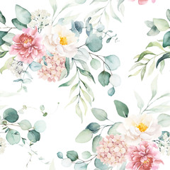 Wall Mural - Seamless watercolor floral pattern with pink & peach cream flowers, leaves composition on white background, perfect for wrappers, wallpapers, postcards, greeting cards, wedding invitations, events.