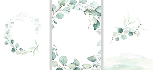 Wall Mural - Pre made templates collection, frame, wreath - cards with green leaf branches. Wedding ornament concept. Floral poster, invite. Decorative greeting card, invitation design background, birthday party.
