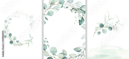 Fotomural Pre made templates collection, frame, wreath - cards with green leaf branches
