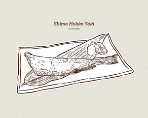 Wall Mural - Charcoal grilled Atka Mackerel ( Shima Hokke ) Japanese cuisine with lemon on white dish. hand draw sketch vector.