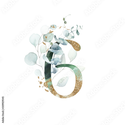 Gold Floral Numbers - digit 6 with gold and green botanic branch leaf bouquet composition Tableau sur Toile