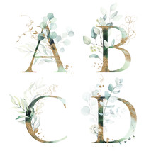 Gold Green Floral Alphabet Set - Letters  A, B, C, D With Green Leaves, Botanic Branch Bouquet Composition. Unique Collection For Wedding Invites Decoration And Many Other Concept Ideas.