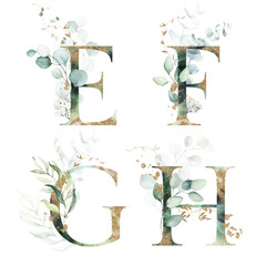 Wall Mural - Gold Green Floral Alphabet Set - letters  E, F, G, H with green leaves, botanic branch bouquet composition. Unique collection for wedding invites decoration and many other concept ideas.