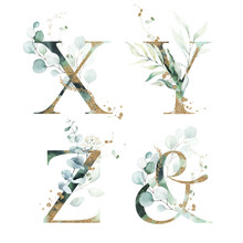 Gold Green Floral Alphabet Set - Letters X, Y, Z, & Ampersand With Green Leaves, Botanic Branch Bouquet Composition. Unique Collection For Wedding Invites Decoration And Many Other Concept Ideas.