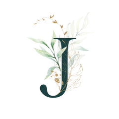 Wall Mural - Dark Green Floral Alphabet - letter J with gold and green botanic branch bouquet composition. Unique collection for wedding invites decoration, birthdays & other concept ideas.