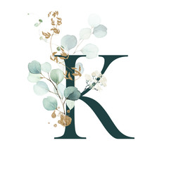 Wall Mural - Dark Green Floral Alphabet - letter K with gold and green botanic branch bouquet composition. Unique collection for wedding invites decoration, birthdays & other concept ideas.