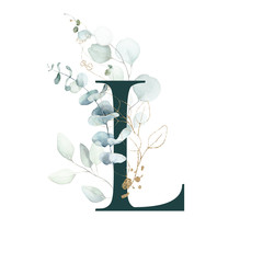 Wall Mural - Dark Green Floral Alphabet - letter L with gold and green botanic branch bouquet composition. Unique collection for wedding invites decoration, birthdays & other concept ideas.