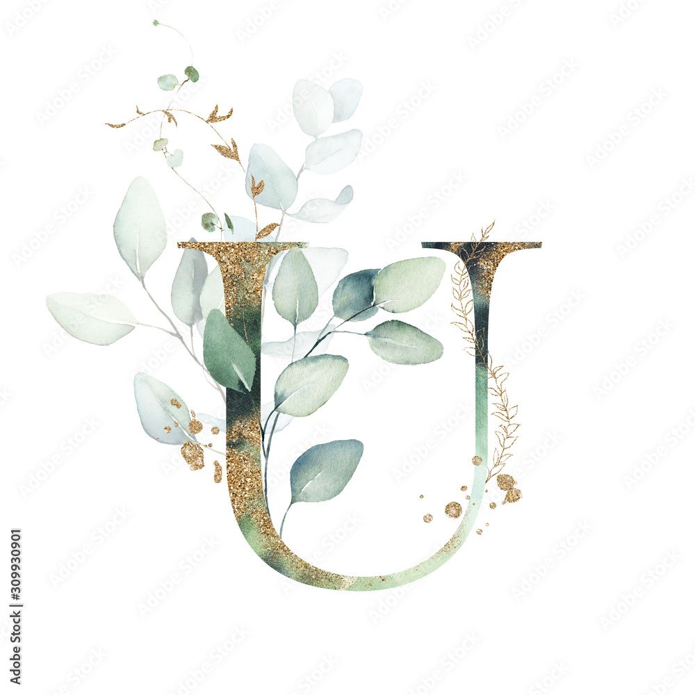 Gold Floral Alphabet - letter U with gold and green botanic branch leaf ...