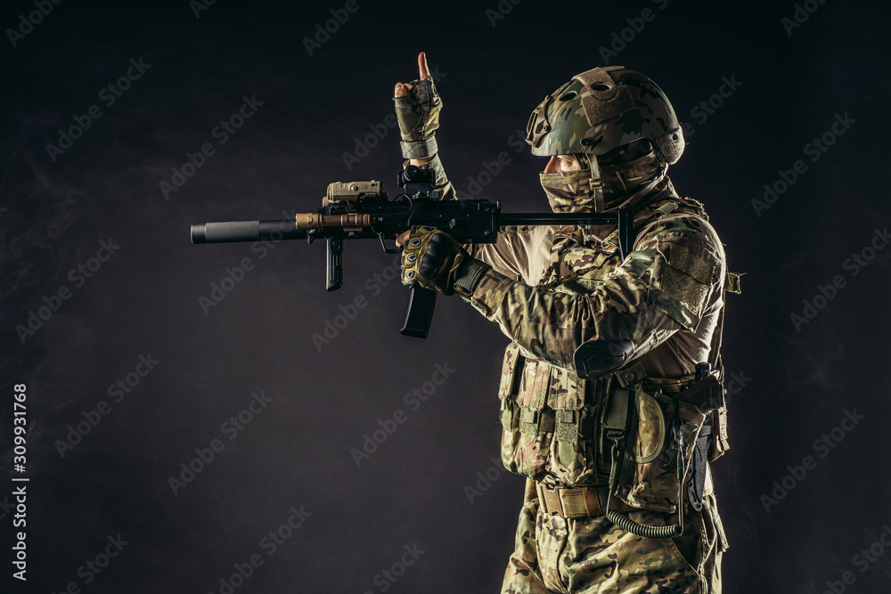 side view on soldier counting, expect shooting from weapon rifle gun ...