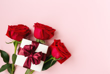 Gift In White, Square Box, Burgundy Satin Ribbon, Three Red Roses