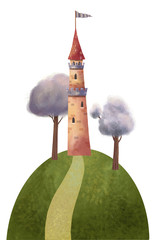 Wall Mural - Castle tower on the hill with trees and road. Hand drawn illustration.