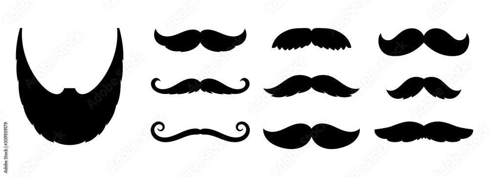 Mustache icons. fashion dandy hipster beard, barber shop signs. Black old style curly mustaches for men vector set - obrazy, fototapety, plakaty 