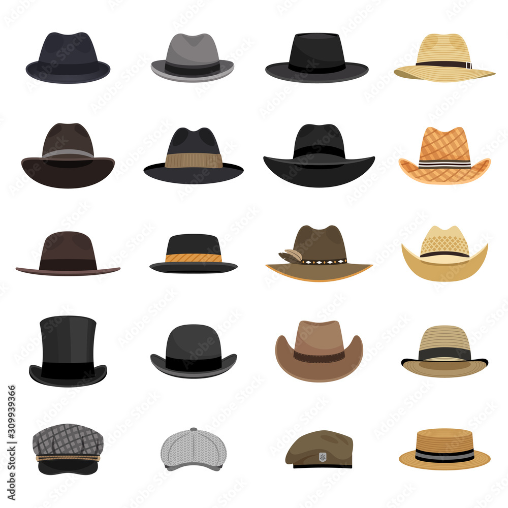 Different male hats. Fashion and vintage man hat collection vector image, derby and bowler, cowboy and peaked cap, tyrolean and summer straw hat, military beret - obrazy, fototapety, plakaty 