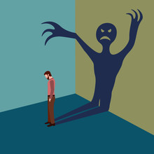 Concept Of Anxiety Disorders, Mental Illness, Stress And Depression. A Man With Inner Fear Stands With His Head Down And A Shadow Behind In The Form Of A Monster. Vector Illustration Of Human Phobia.