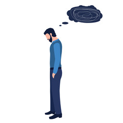 Isolated depression man with bowed head and metaphorical thinks on a white background. Concept of confusion of mind, messy thoughts, anxiety disorders, mental illness, stress. Vector illustration.